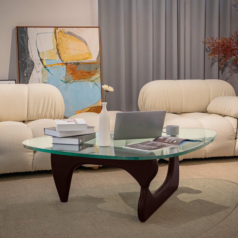 Triangle Glass Coffee Table with Wooden Base Clear Glass Top Mid-Century Abstract Glass Table, Dark Brown