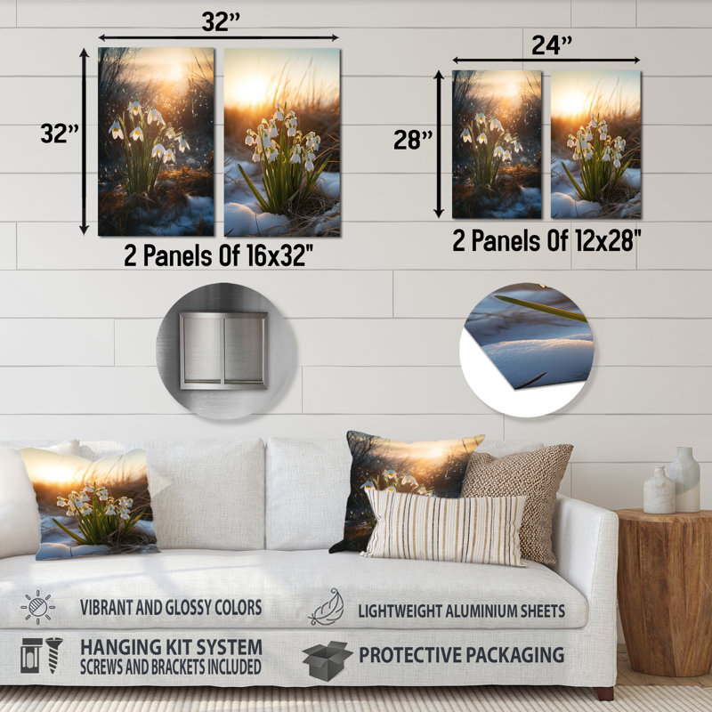 «Green Snowdrops Winter Sunset» - ensemble d'art mural en métal 2 Snowdrops, H 32 po x l 32 po