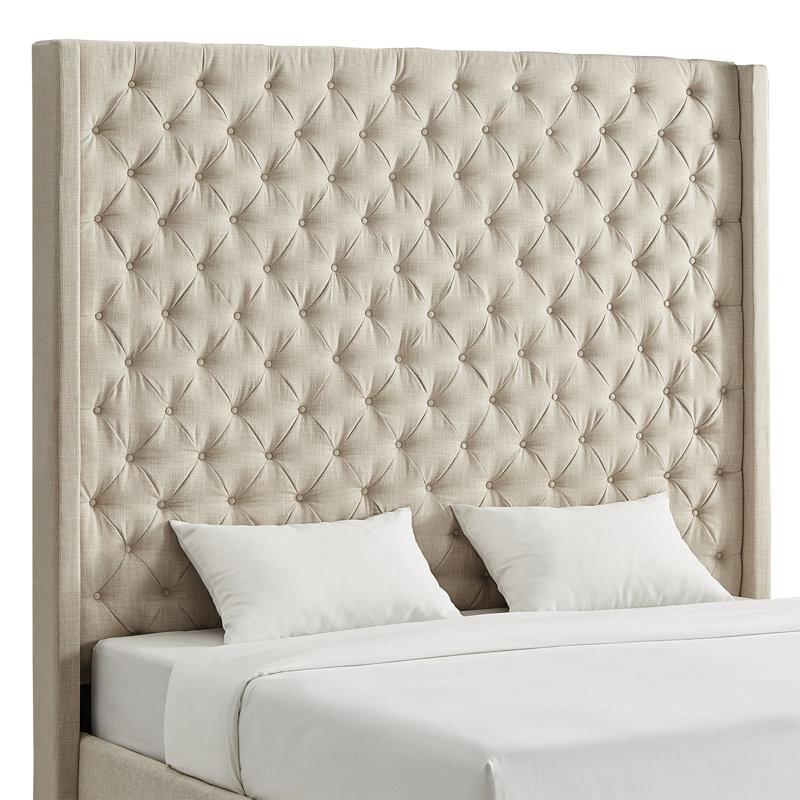 Lit plateforme tapissier Londono, Lin beige chiné, Très grand
