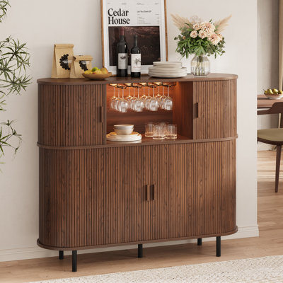 55.1'' Modern Home Bar With Table Power Outlet & RGB Lights, Wine Cabinet With Wine Glass Holder & Wine Rack
