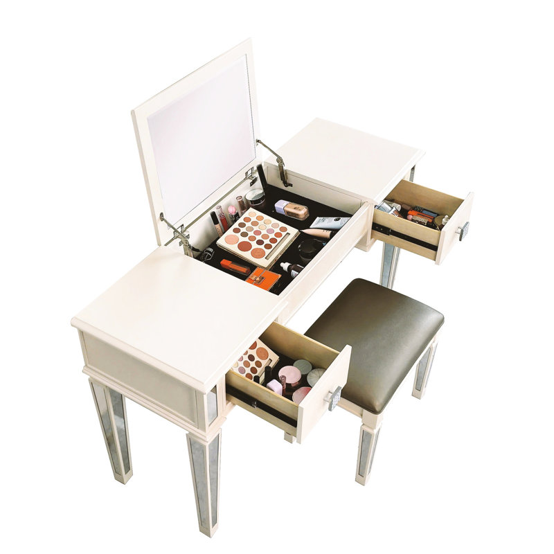Mirrored Vanity Table For Bedroom - Makeup Desk With 2 Smooth-gliding Drawers Crystal Metal Drawer Pulls Dressing Mirror Easy Surface And Materials