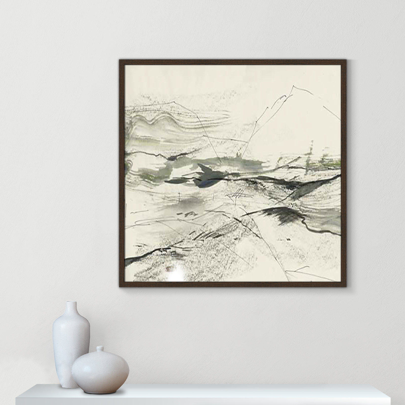 Green Sketches Print, 32" H x 32" W x 1.25" D, Walnut Slim Framed