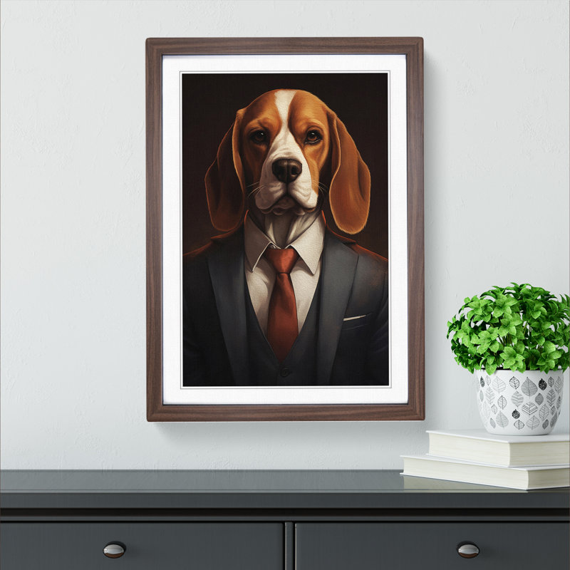 Beagle In A Suit Painting No.2 - Single Picture Frame Print on Wood, Walnut Framed, 34cm H x 25cm W x 2cm D