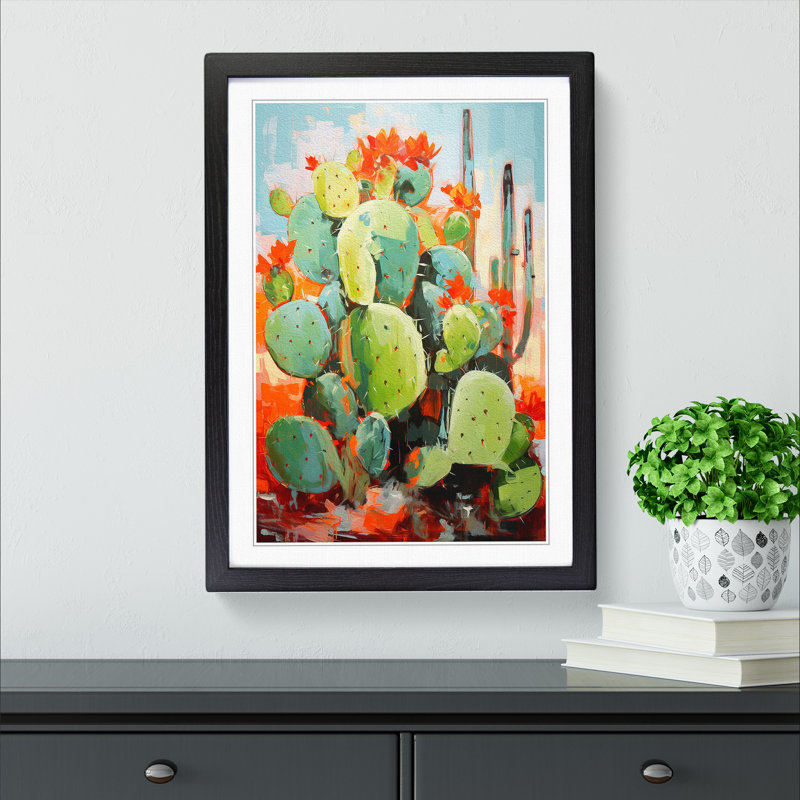 Cactus Action Painting Art - Framed Print, 34cm H x 25cm W x 2cm D, Black