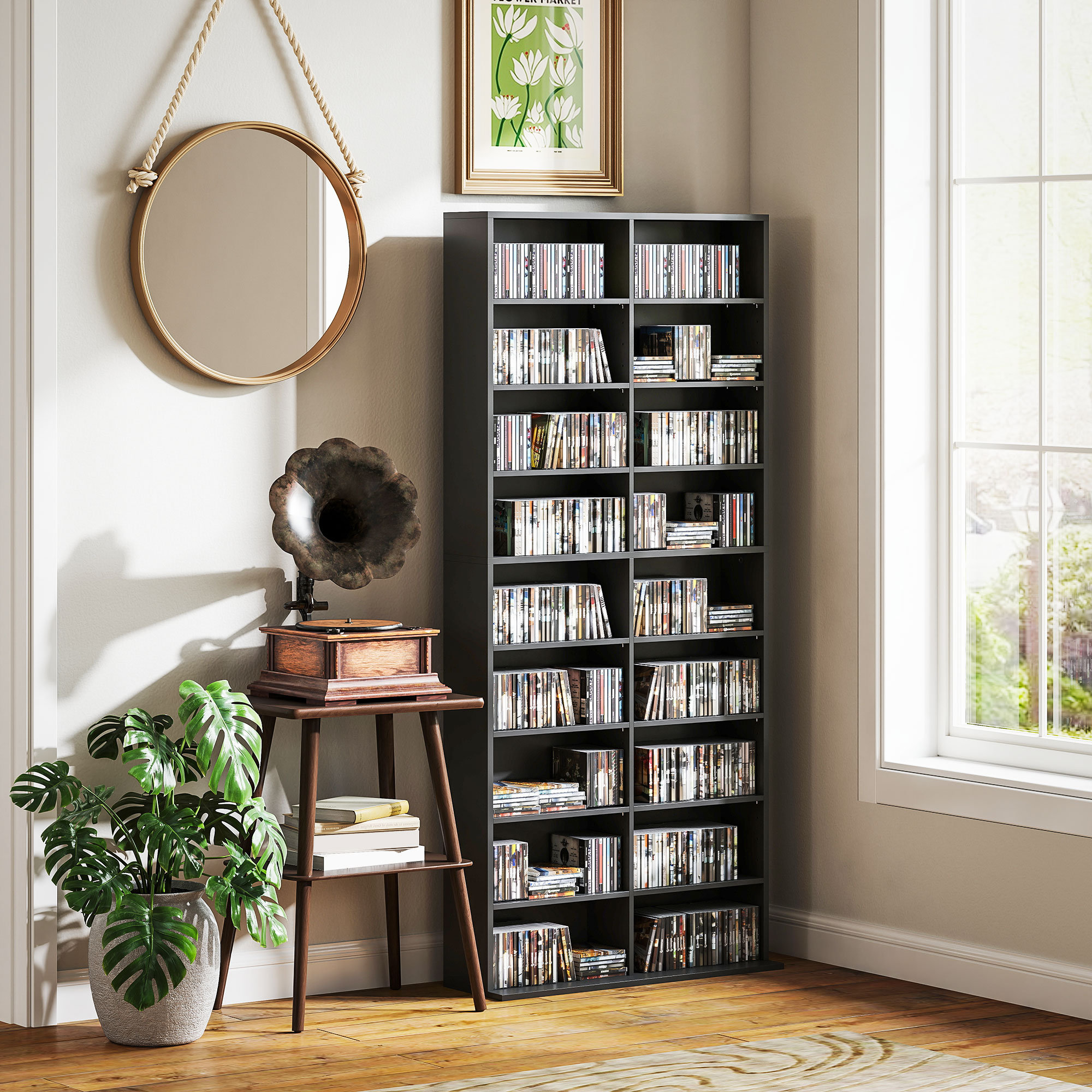Ebern Designs DVD Shelf with 18 Compartments and 14 Adjustable Shelves