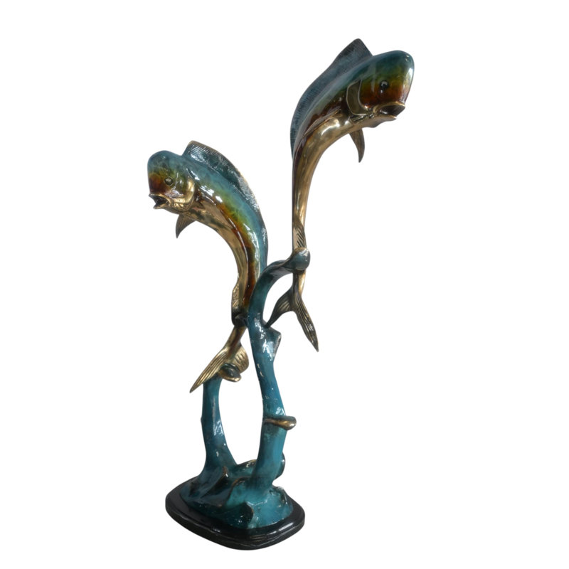 Bronze Dual Mahi Mahi Fish Sculpture on Wave Marble Base 19"x12"x35"H