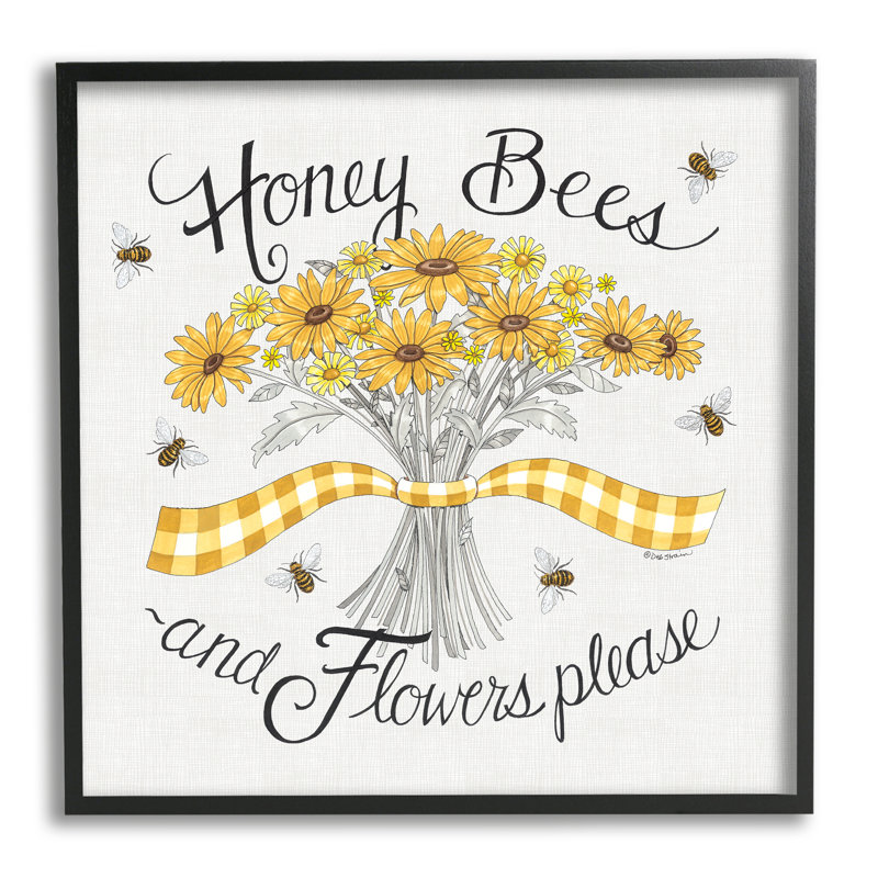 Miel, abeilles, fleurs, phrase, marguerites jaunes rétro - impression, H 12 po x l 12 po x P 1,5 po