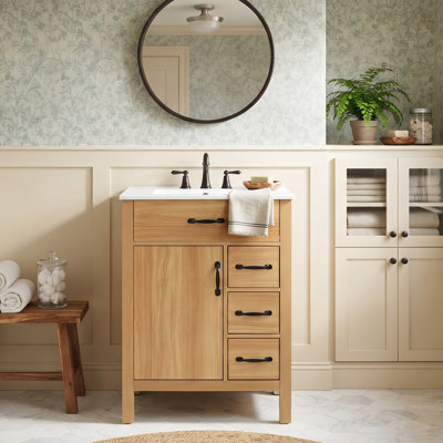 24" & 30" Modern Traditional Bathroom Vanity with Ceramic Sink, Solid Wood & MDF, Built-in Door Racks, Natural Finish