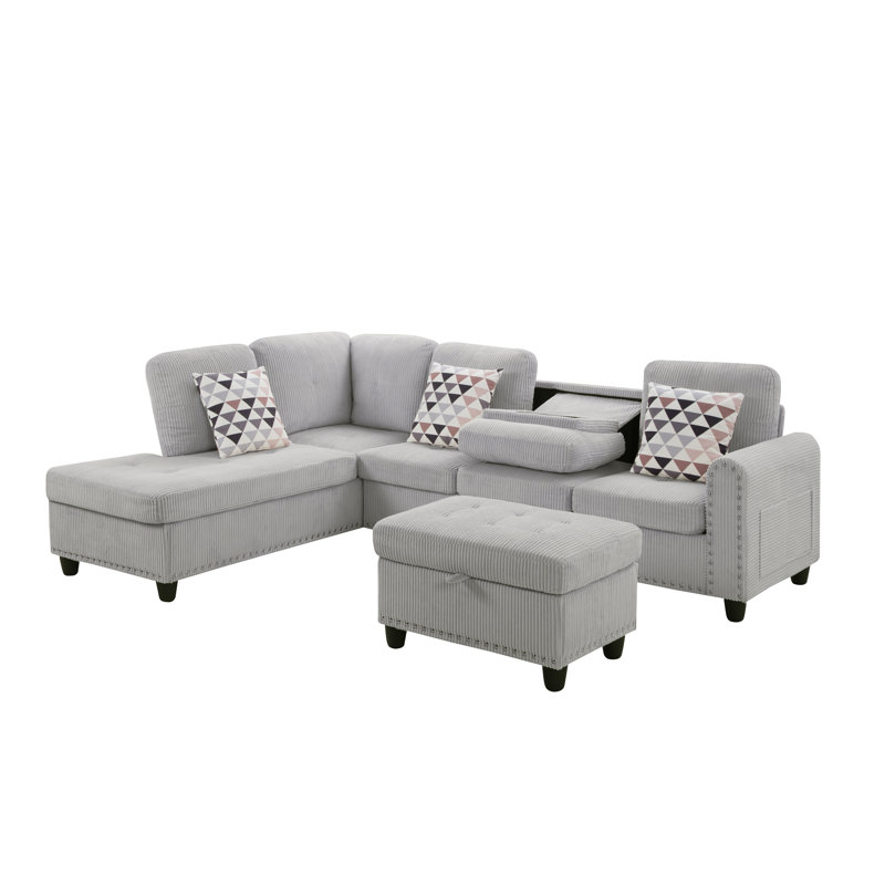 3 - Piece Upholstered Sectional, Light Gray Corduroy