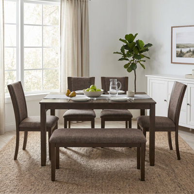 Ensemble de table rectangulaire 6 pièces avec 1 banc et 4 chaises rembourrées, pieds en bois, plateau en bois aggloméré, pour la cuisine, la salle à manger, le salon, facile à nettoyer, tissu de coton doux, noyer foncé, facile à assembler