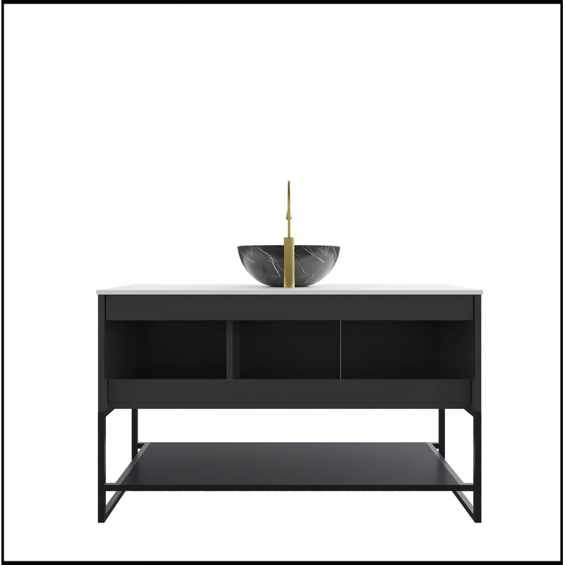 Meuble-lavabo autoportant avec 3 portes, tablette ouverte, lavabo en céramique noire et comptoir blanc de Carrare, durable et élégant
