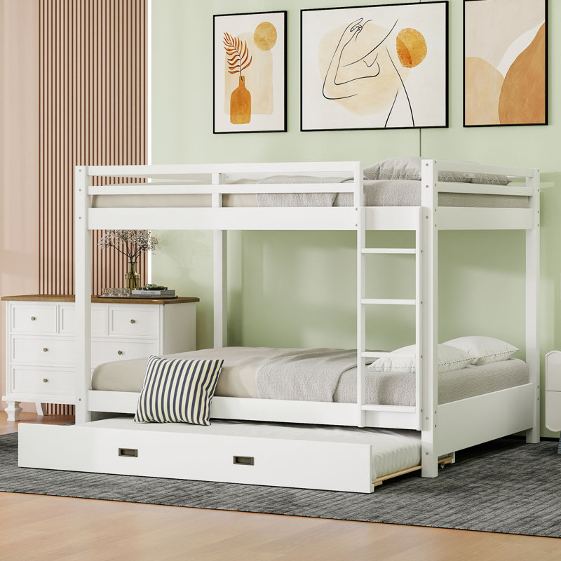 Queen Wood Bunk Bed With Ladder & XL Trundle, White