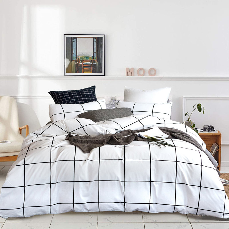 Grid Comforter Set Plaid Bedding Set 1 Checkered Comforter with Pillowcases, King Comforter + 2 King Pillowcases, White Grid
