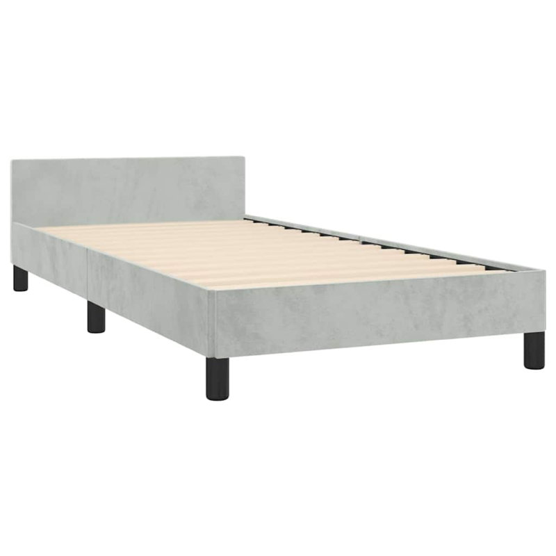 Moa Twin Size Bed Frame, Low Profile Headboard, Light Grey Velvet Upholstery, Light Grey, Twin