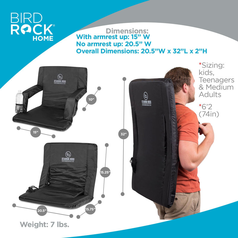 Chaise de stade rembourrée et rembourrée avec coussin de siège et gradin - sièges de stade portatifs avec support pour le dos, 6 positions d'inclinaison, accoudoirs et sangles de transport pour le sport, le camping ou la plage, noir