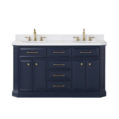 Water Creation Palace 60 Quartz Carrara Bathroom Vanity Set With Hardware  And Faucets in Satin Gold Finish And Mirrors in Chrome Finish