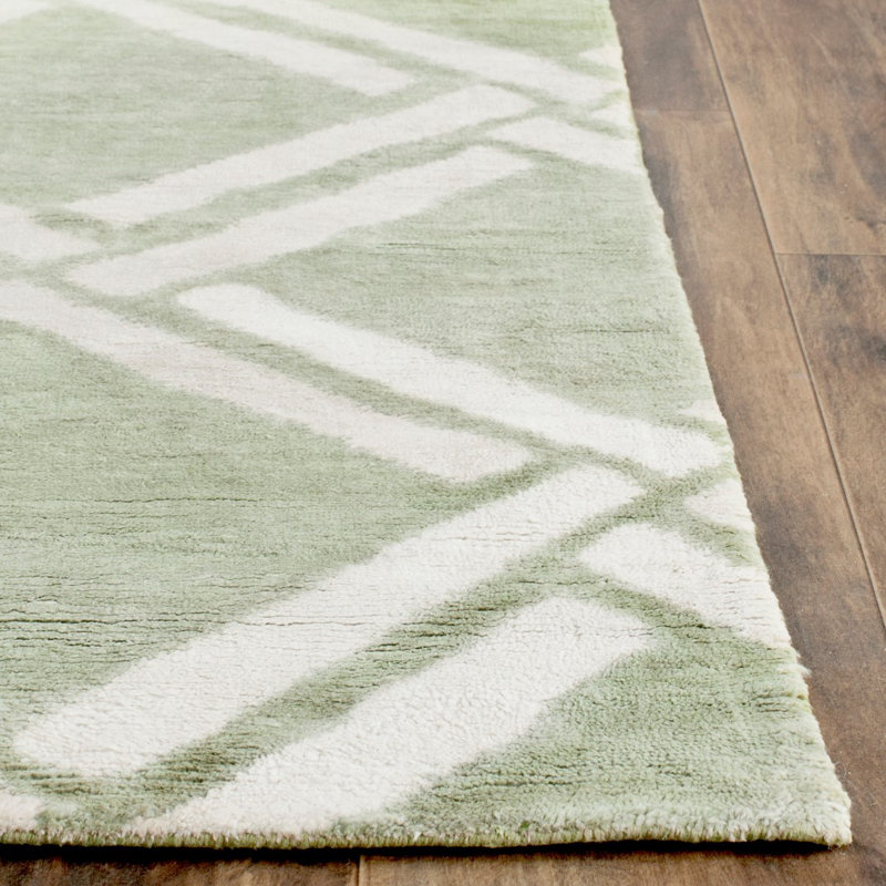 Tapis vert / ivoire en coton noué à la main Emmariah, Rectangle 9 pi x 12 pi