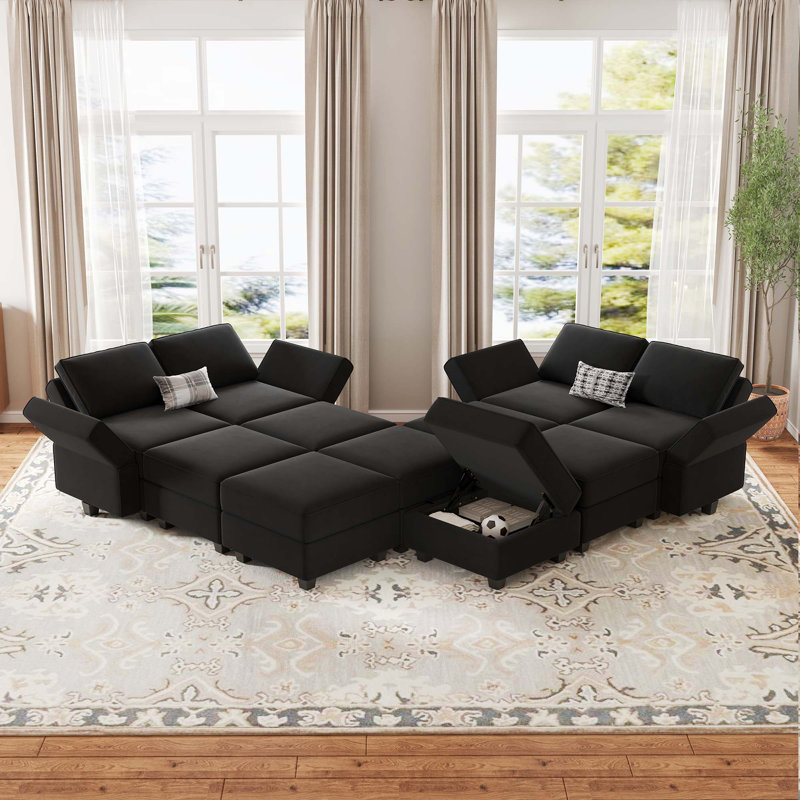 Canapé de rangement modulaire en velours Vashudev, Velours noir