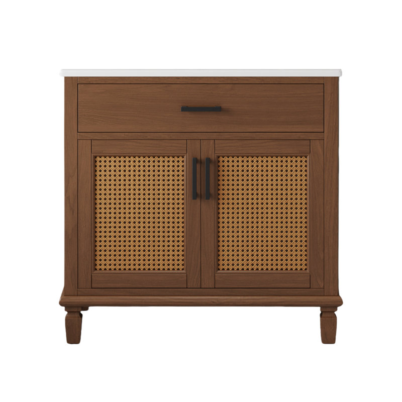 Meuble-lavabo en rotin avec lavabo en céramique, Brun