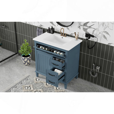 Meuble-lavabo de 30 po avec comptoir en céramique, structure en bois massif, armoire en bois aggloméré et pin, tiroirs rabattables, tablette réglable et poignées en alliage de zinc, armoire de rangement autoportante (robinet non inclus)