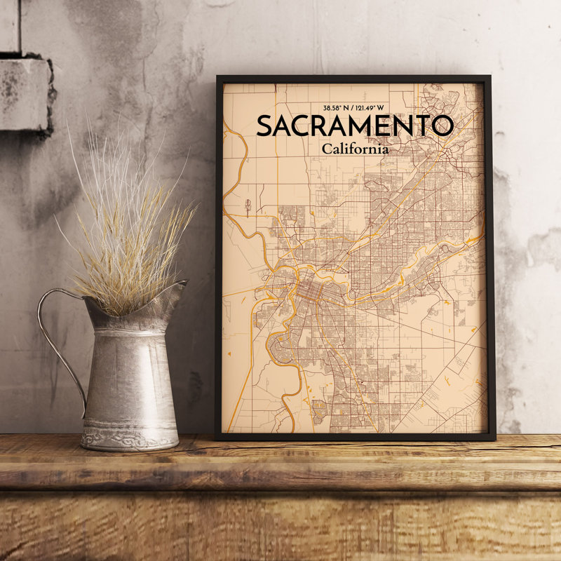 «Sacramento City Map», reproduction d'impression sur affiche en orange clair, H 36 po x l 24 po