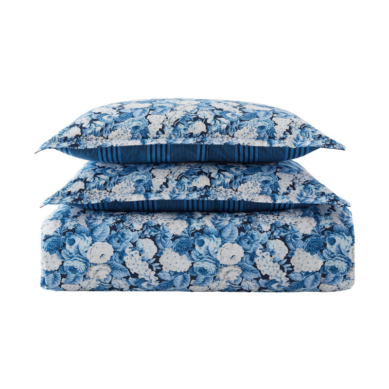 Laura Ashley Sweet Memories Cotton Reversible Blue Comforter Set, Queen Comforter + 2 Standard Shams