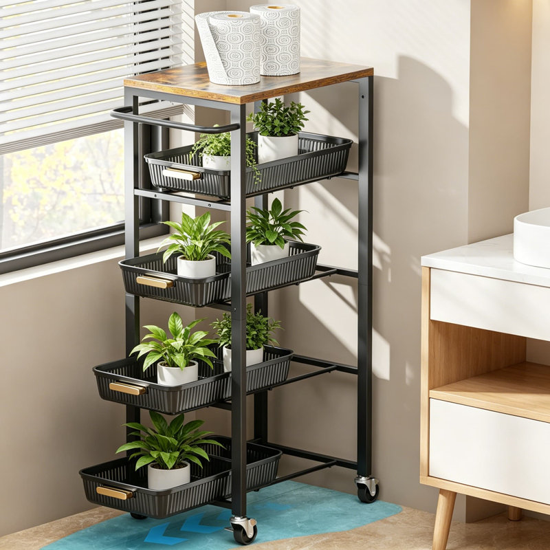Chariot utilitaire roulant à 5 niveaux avec paniers en filet coulissants et plateau en bois | Organisateur mobile de grande capacité pour la cuisine, la salle de bain, la salle de lavage et le bureau