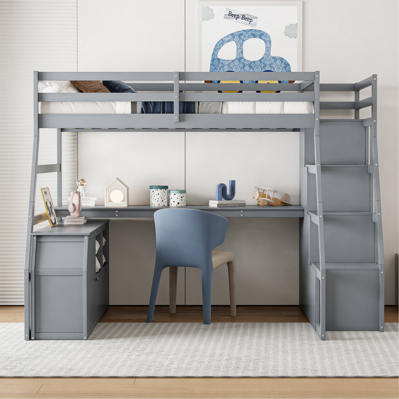 Lit mezzanine avec bureau, 7 tiroirs et 2 tablettes