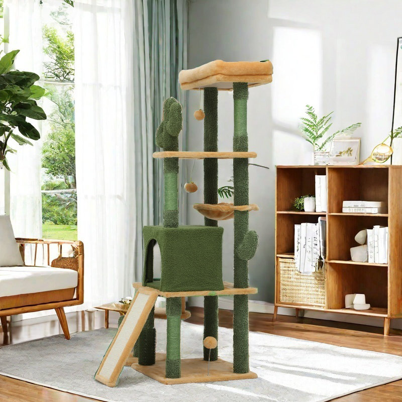 ?60In Cactus Cat Tree, Multi-Level Tall Cat Tower For Indoor Cats, Large Cat Condo For 2-3 Cats