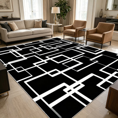 1 tapis géométrique noir et blanc à chevauchement géométrique 1pc pour le salon, doux et confortable, adapté à toutes les saisons, facile à entretenir et lavable à la machine