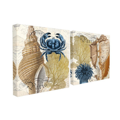 " Navy And Gold Nautical Crab Anemone And Shell Set Of Two " by Kimberly Allen 2 - Pieces