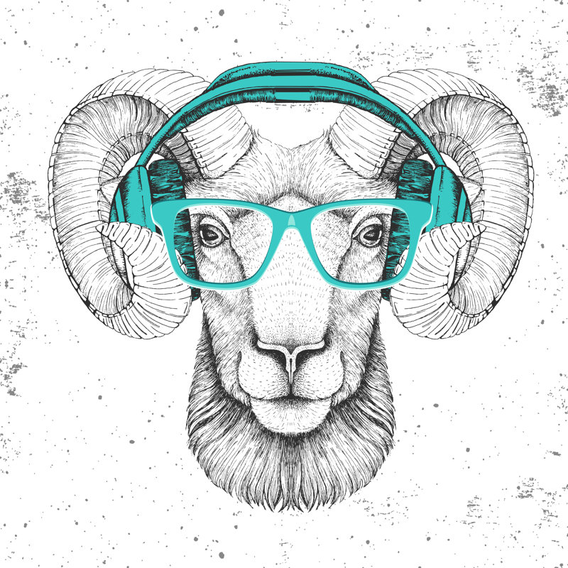 Dubreuil Hipster Animal Ram Or Mouflon With Headphones. Hand Drawing Muzzle Of Animal Ram by Ganna Bozhko - Wrapped Canvas Print