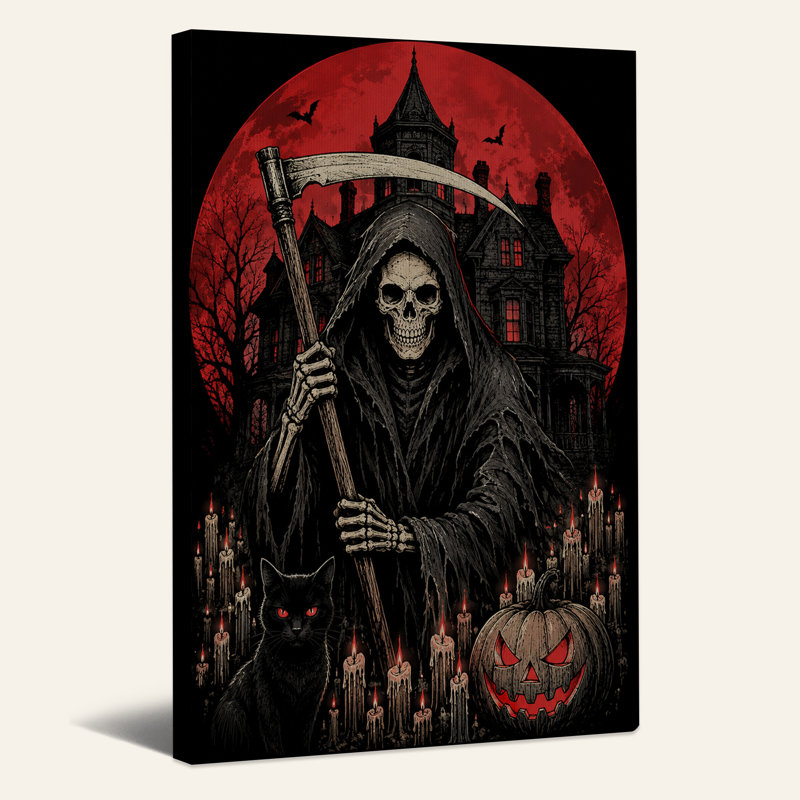 «Grim Reaper Scythe And Haunted Mansion Under Red», art mural sur toile, H 24 po x l 16 po
