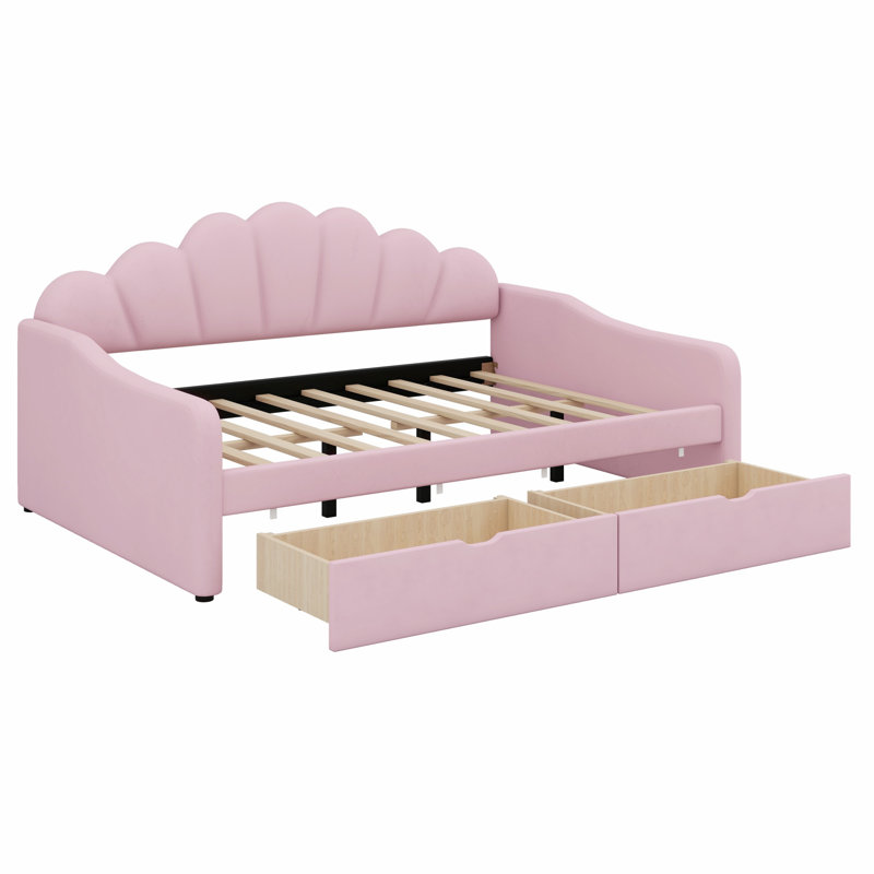Structure de lit de jour rembourrée Shell-Back avec deux tiroirs de rangement pratiques, Rose