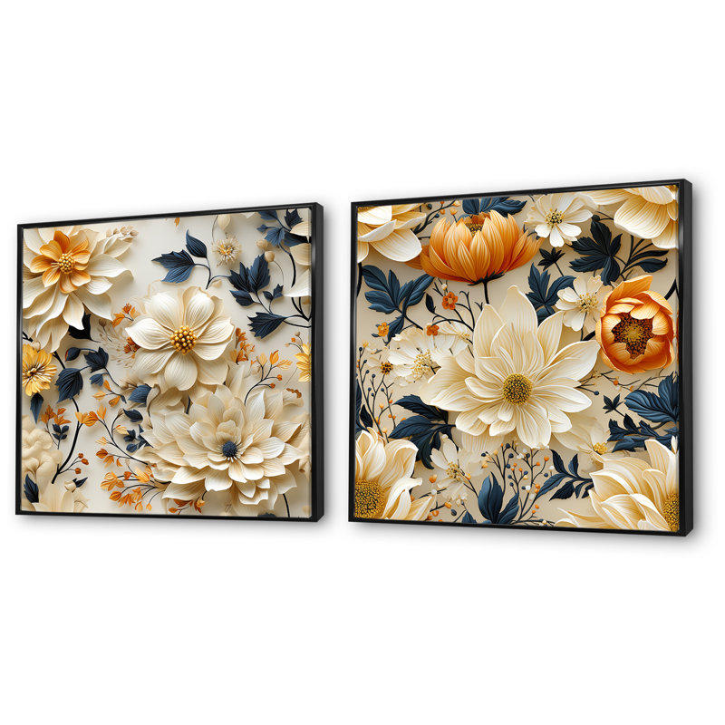 Lilian - Ensemble de 2 décorations murales florales, Cadre noir, H 16 po x l 33 po x P 1 po
