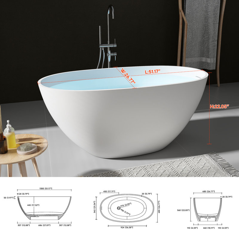 51"×27" Freestanding Soaking Tub Solid Surface Bathtub