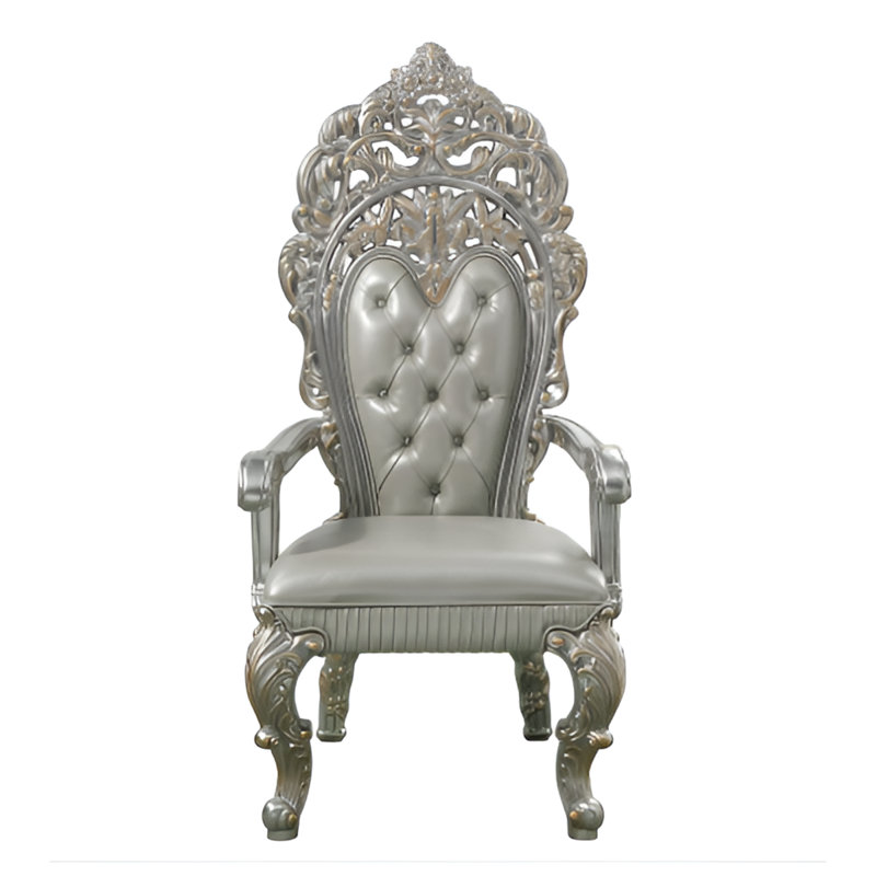 Metallic Silver Gold Highlight Carved Wood Arm Chair Silver Leather