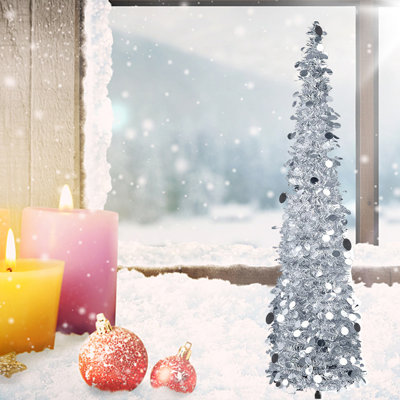 5 FT Artificial Pencil Christmas Tree, Silver Tinsel Xmas Tree, Collapsible Holiday Decor for Home Office, Easy Assembly & Storage