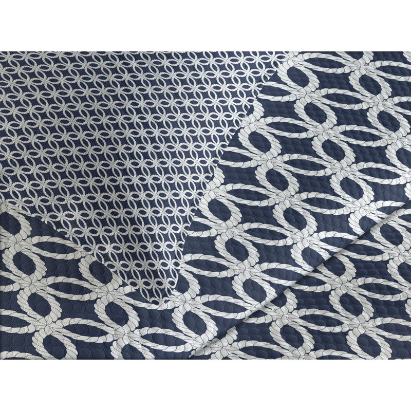 King Size Dark Blue and White Geometric Bedspread Set