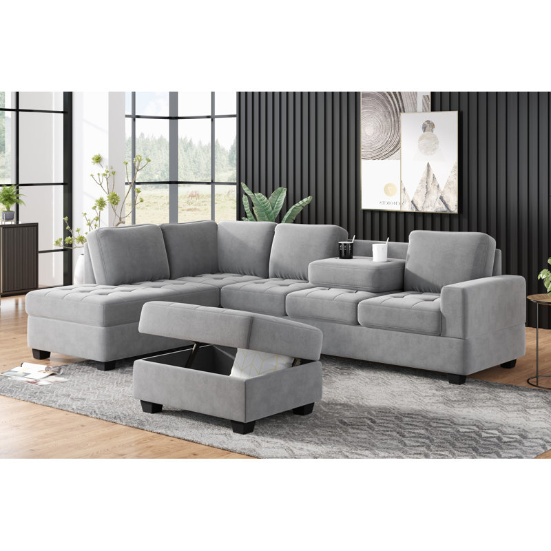 Canapé et chaise longue réversible de 112 po avec repose-pieds Luchiano, Velours gris velours