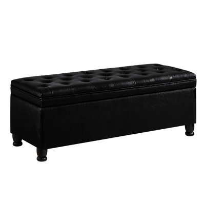 Upholstered Storage With Details. Black Faux Leather, Wooden Legs. Stores , Blankets. Comfortable Relaxing Spot. 45X18x18h. Easy To Assemble Bench Buttons. Solid Wood Keeps Blankets, Organized. Seat.