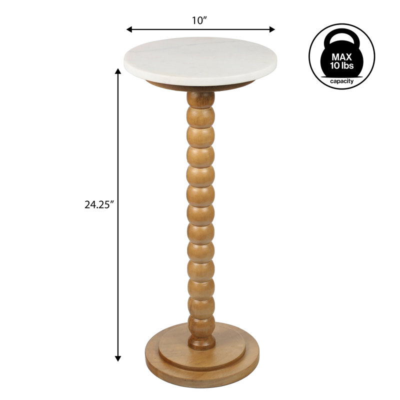Table à boissons en bois Monroe de 24,25 po, plateau rond en marbre blanc lustré et piédestal de bobine de bobine naturelle, table de bout décorative décorative