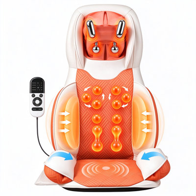 Coussin de massage Shiatsu 4 en 1 pour fauteuil de massage, masseur dorsal biomimétique 5D à pétrissage profond avec chauffage, vibration et compression d'air 3D, intensité réglable sur 3 niveaux, massage des tissus profonds de la nuque pour soulager les douleurs.