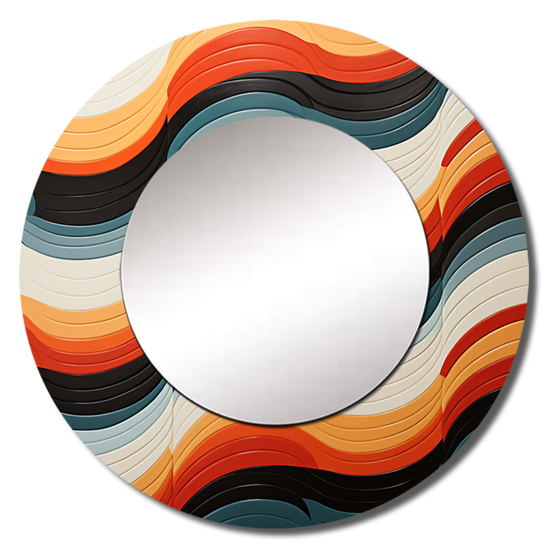 Savaira orange Mid Century Optique Illusions III - miroir moderne Mid-Century, miroir mural rond orange unique, art imprimé en métal