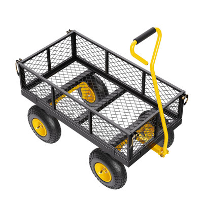 Chariot de jardin en acier de 500 lb, chariot de jardin robuste pouvant être tiré sur des roues, chariots de chariot utilitaire de jardin en métal avec pneus tout-terrain de 10 po, côtés amovibles en filet et poignée pivotante à 180 °