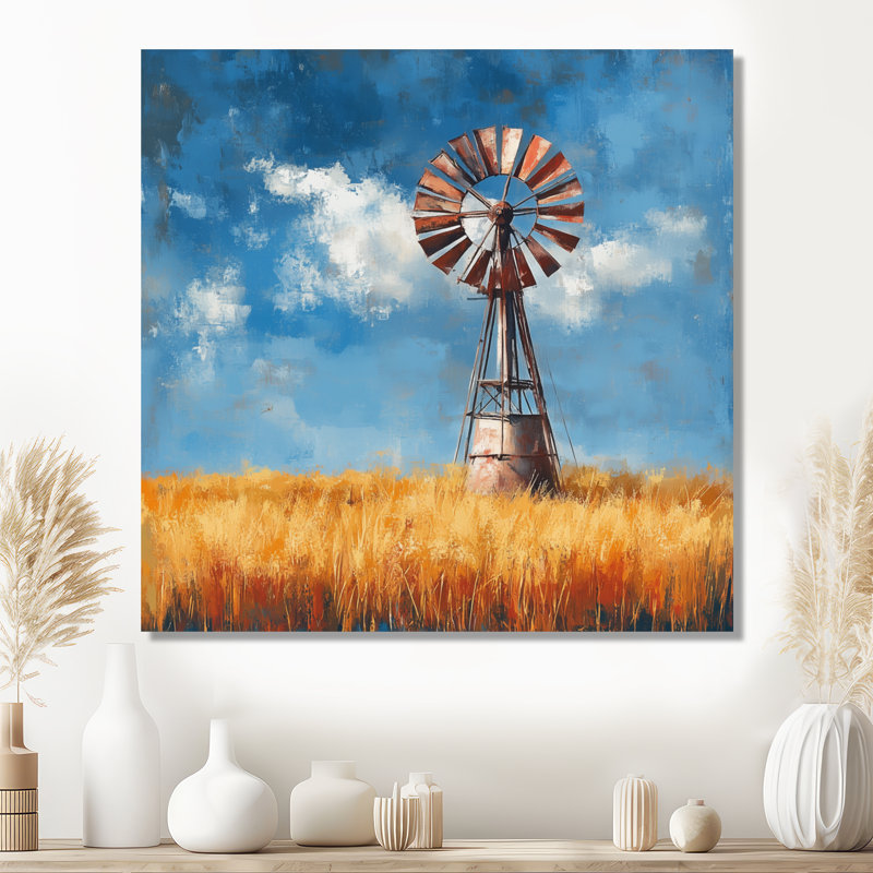 Windmill Wall Art, Farmhouse Landscape Decor, Rustic Windmill In Wheat Field, H 24 po x l 24 po, Toile tendue