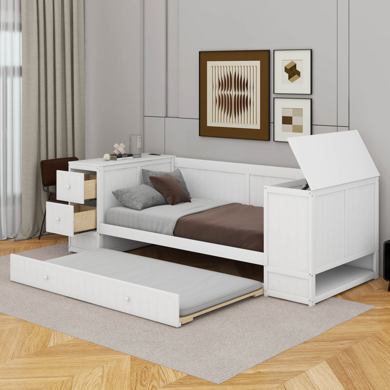 Twin Daybed With Trundle And Charging Station, White