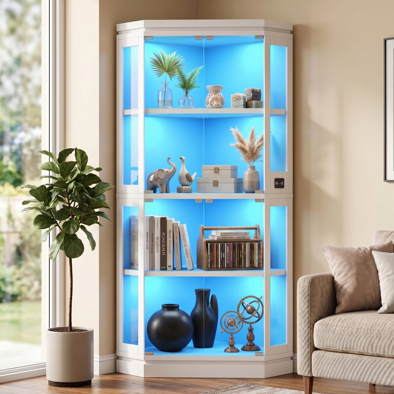Vitrine de coin en verre à 4 niveaux, armoire vitrée avec éclairage à DEL RVB avec capteur de luminosité et luminosité réglable, bibliothèque de rangement avec portes en verre pour le salon