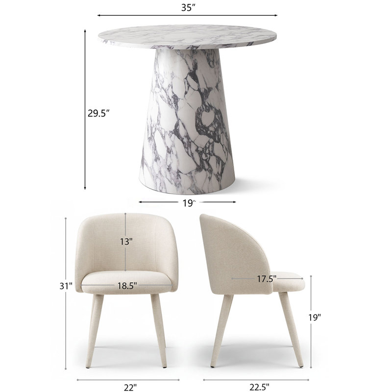 Modern 35" Round Faux Marble Dining Set with 4 Upholstered（Arm） Chairs, White