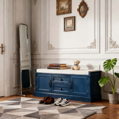 Storage Bench with 2 Drawers and 2 Cabinets, Shoe Bench with Removable Cushion
